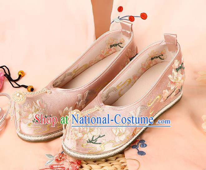 Chinese Traditional Pearls Toe Hanfu Shoes Ancient Ming Dynasty Princess Shoes Embroidered Pink Satin Shoes