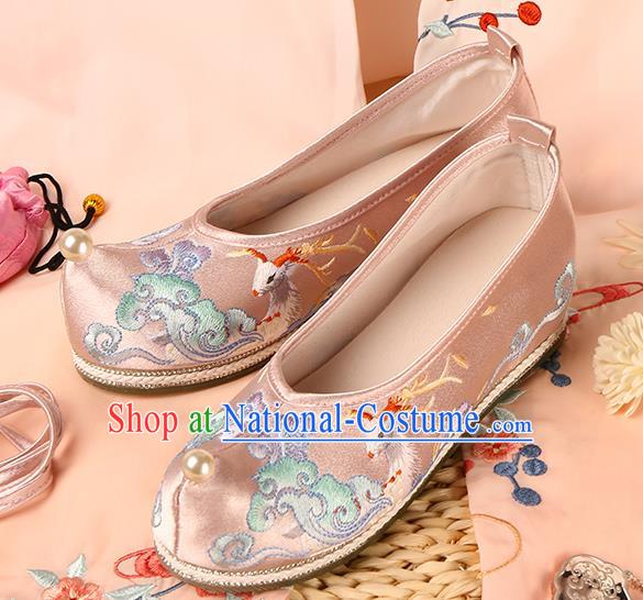 Chinese Embroidered Deer Pink Satin Shoes Traditional Footwear Hanfu Shoes Ancient Ming Dynasty Princess Shoes