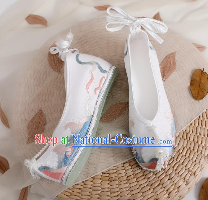 Chinese Ancient Princess Embroidered White Satin Shoes Traditional Ming Dynasty Pearls Shoes Hanfu Shoes