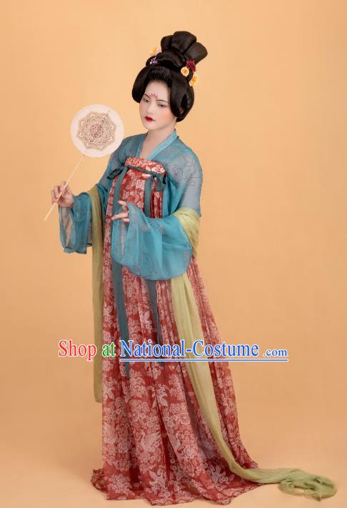 China Tang Dynasty Court Lady Historical Costumes Traditional Ancient Royal Rani Red Hanfu Dress Clothing