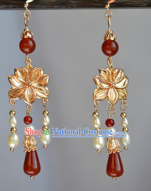 China Classical Pearls Tassel Ear Accessories Traditional Ming Dynasty Hanfu Golden Lotus Earrings