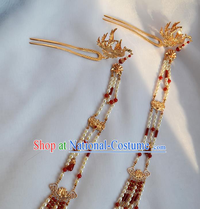 Chinese Traditional Ming Dynasty Court Hair Stick Ancient Empress Pearls Tassel Phoenix Hairpin