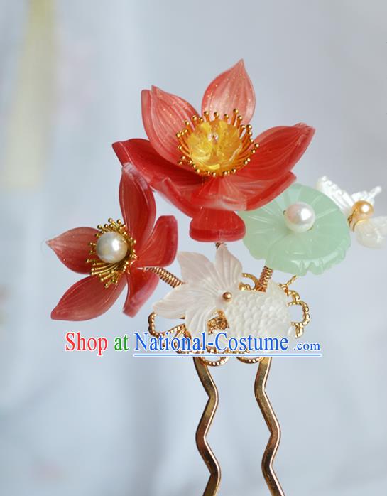 Chinese Traditional Song Dynasty Princess Hair Stick Ancient Palace Lady Red Lotus Goldfish Hairpin