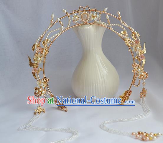 Chinese Traditional Hanfu Beads Tassel Hair Clasp Ancient Goddess Golden Lotus Hair Crown