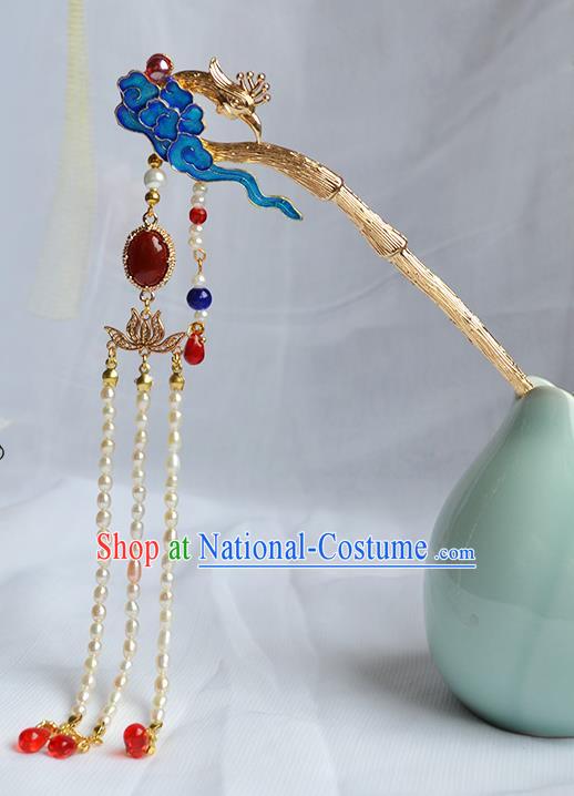 Chinese Traditional Hanfu Cloisonne Cloud Hair Stick Ancient Empress Pearls Tassel Hairpin