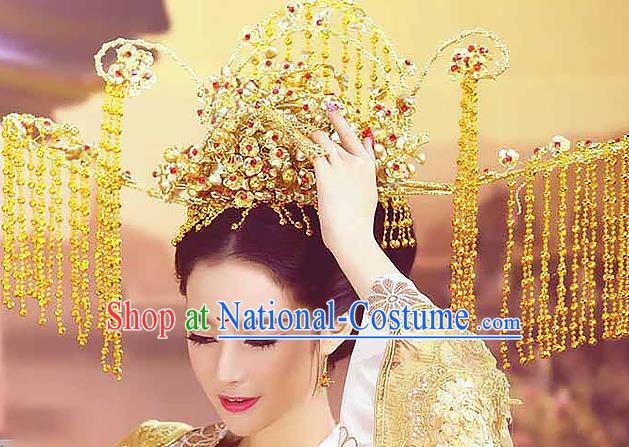 Chinese Traditional Wedding Phoenix Coronet Ancient Queen Golden Tassel Hair Crown Accessories