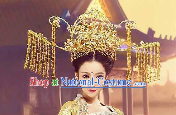 Chinese Traditional Wedding Phoenix Coronet Ancient Queen Golden Tassel Hair Crown Accessories