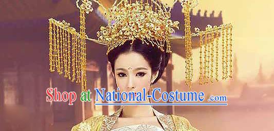 Chinese Traditional Wedding Phoenix Coronet Ancient Queen Golden Tassel Hair Crown Accessories