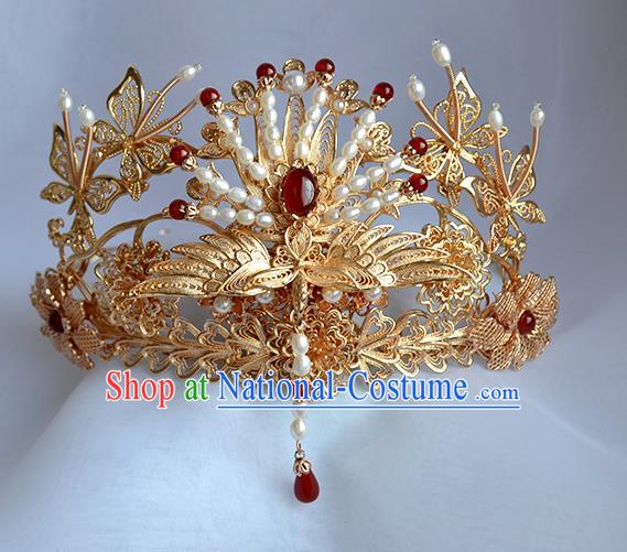 Chinese Traditional Wedding Hair Accessories Ancient Ming Dynasty Bride Golden Phoenix Hair Crown