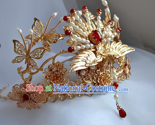 Chinese Traditional Wedding Hair Accessories Ancient Ming Dynasty Bride Golden Phoenix Hair Crown