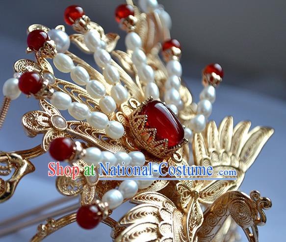 Chinese Traditional Wedding Hair Accessories Ancient Ming Dynasty Bride Golden Phoenix Hair Crown