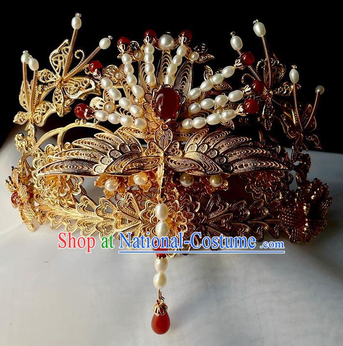 Chinese Traditional Wedding Hair Accessories Ancient Ming Dynasty Bride Golden Phoenix Hair Crown