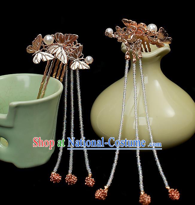 Chinese Traditional Golden Butterfly Hair Comb Ancient Princess Beads Tassel Hairpin