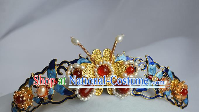 Chinese Traditional Ming Dynasty Court Woman Hair Accessories Ancient Empress Cloisonne Butterfly Hair Crown