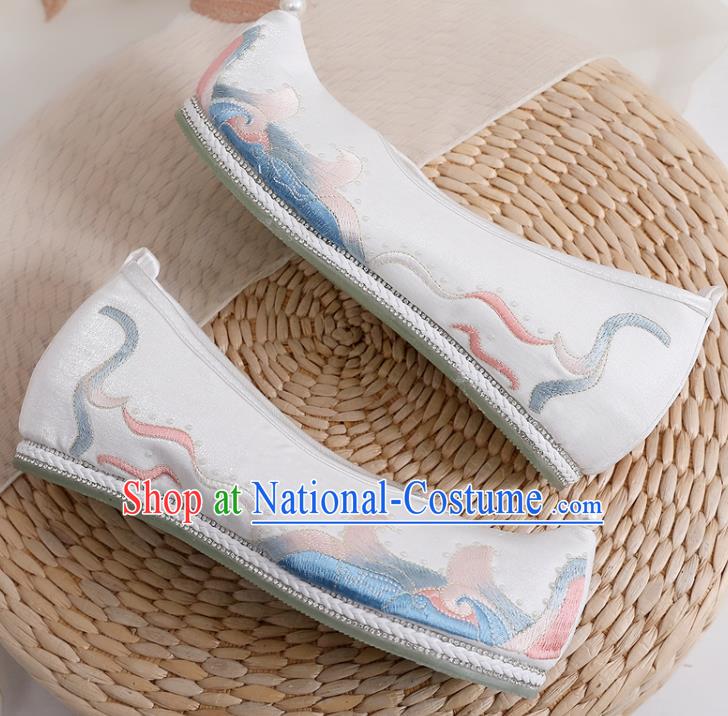 China Embroidered White Satin Shoes Traditional Hanfu Shoes Ancient Ming Dynasty Princess Shoes