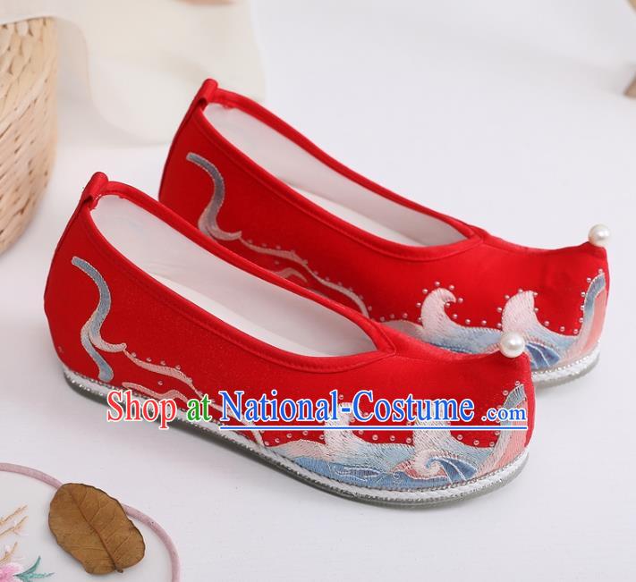 China Traditional Hanfu Shoes Ancient Ming Dynasty Princess Wedding Shoes Embroidered Red Satin Shoes