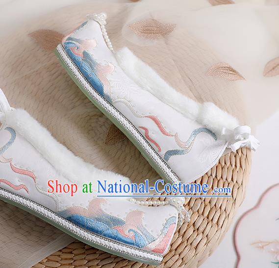 China Ming Dynasty Pearls Tassel Shoes Embroidered White Cloth Shoes Ancient Shoes Traditional Hanfu Winter Shoes