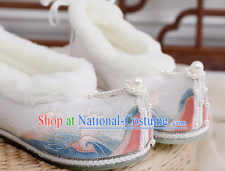 China Ming Dynasty Pearls Tassel Shoes Embroidered White Cloth Shoes Ancient Shoes Traditional Hanfu Winter Shoes