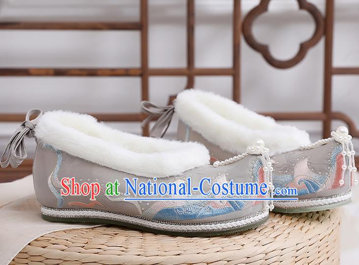 China Traditional Hanfu Winter Shoes Ming Dynasty Pearls Tassel Shoes Embroidered Grey Cloth Shoes Ancient Shoes