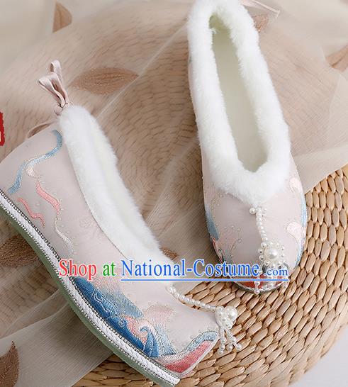 China Ancient Shoes Traditional Hanfu Winter Shoes Ming Dynasty Pearls Tassel Shoes Embroidered Pink Cloth Shoes