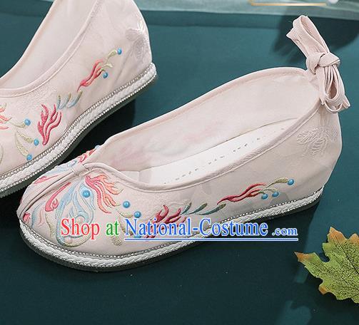 Chinese Hanfu Shoes Traditional Ming Dynasty Young Lady Shoes Beige Cloth Embroidered Shoes