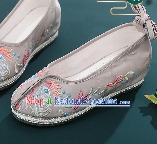 Chinese Grey Cloth Embroidered Shoes Hanfu Shoes Traditional Ming Dynasty Young Lady Shoes