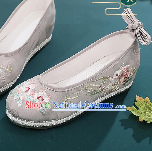 Chinese National Woman Grey Cloth Shoes Embroidery Flowers Shoes Traditional Hanfu Shoes