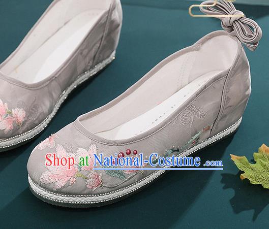 Chinese Embroidery Mangnolia Shoes Traditional Hanfu Grey Cloth Shoes Classical Dance Shoes