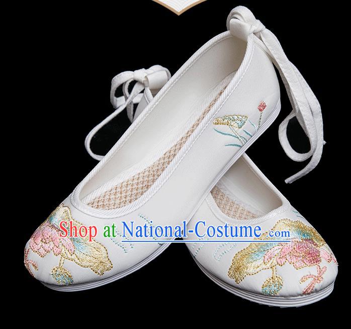 Chinese Handmade White Cloth Shoes Classical Dance Shoes Traditional Embroidered Lotus Shoes