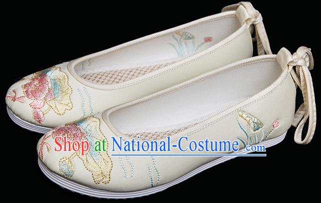 Chinese Traditional Embroidered Lotus Shoes Handmade Beige Cloth Shoes Classical Dance Shoes