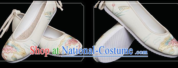 Chinese Traditional Embroidered Lotus Shoes Handmade Beige Cloth Shoes Classical Dance Shoes