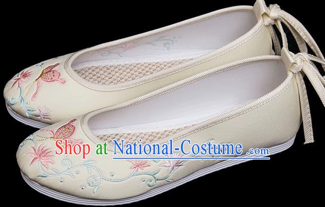 Chinese National Woman Light Yellow Cloth Shoes Classical Dance Shoes Traditional Embroidered Butterfly Shoes