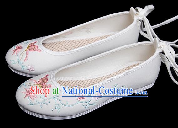 Chinese Classical Dance Shoes Traditional Embroidered Butterfly Shoes Handmade White Cloth Shoes