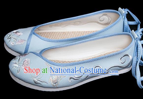 Chinese Traditional Blue Cloth Shoes National Woman Shoes Classical Embroidered Butterfly Shoes