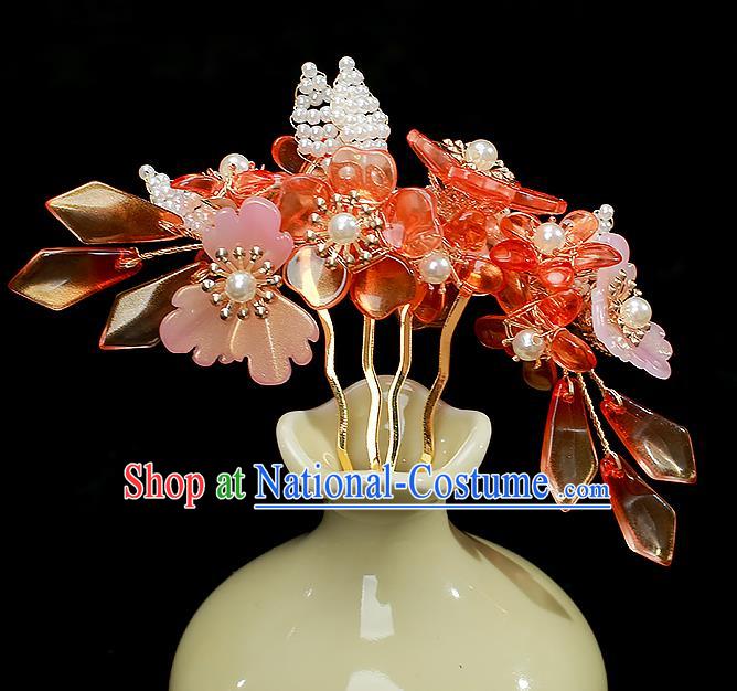 Chinese Ancient Princess Red Flowers Hairpin Traditional Ming Dynasty Hanfu Hair Comb