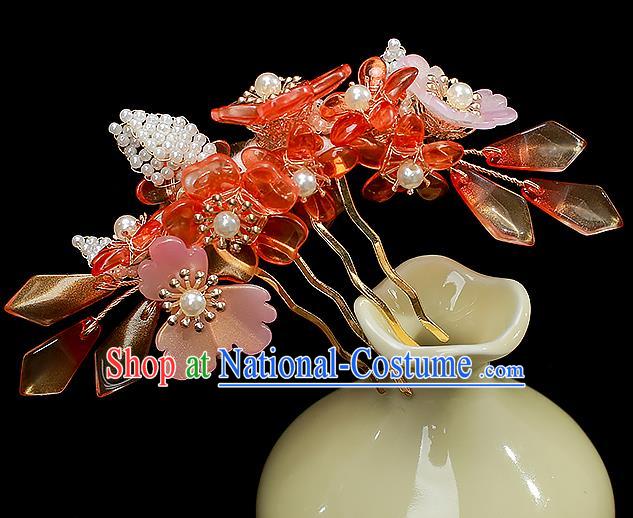 Chinese Ancient Princess Red Flowers Hairpin Traditional Ming Dynasty Hanfu Hair Comb