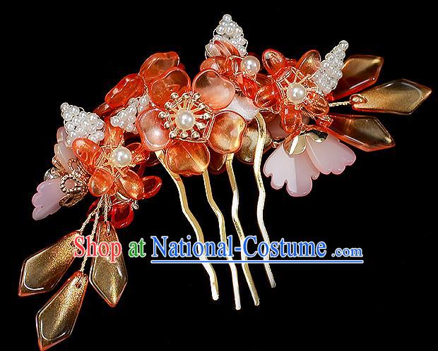 Chinese Ancient Princess Red Flowers Hairpin Traditional Ming Dynasty Hanfu Hair Comb