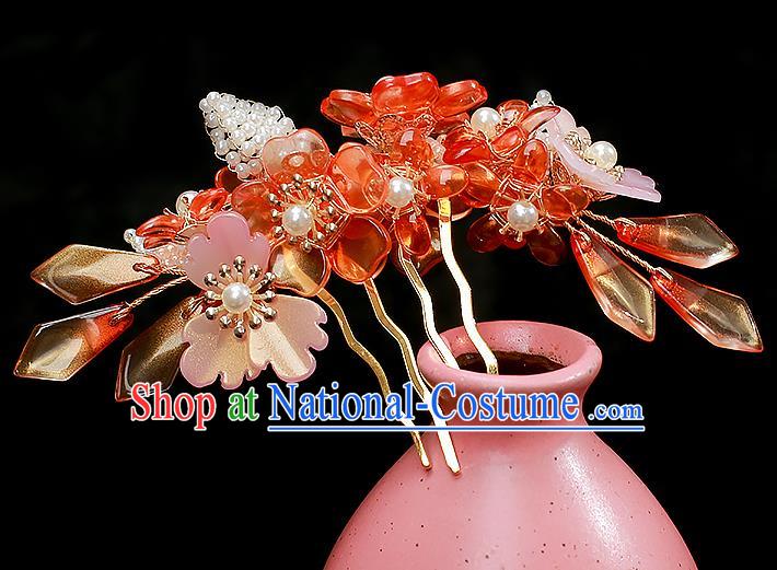 Chinese Ancient Princess Red Flowers Hairpin Traditional Ming Dynasty Hanfu Hair Comb