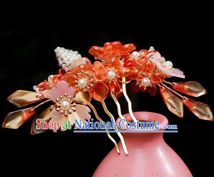 Chinese Ancient Princess Red Flowers Hairpin Traditional Ming Dynasty Hanfu Hair Comb