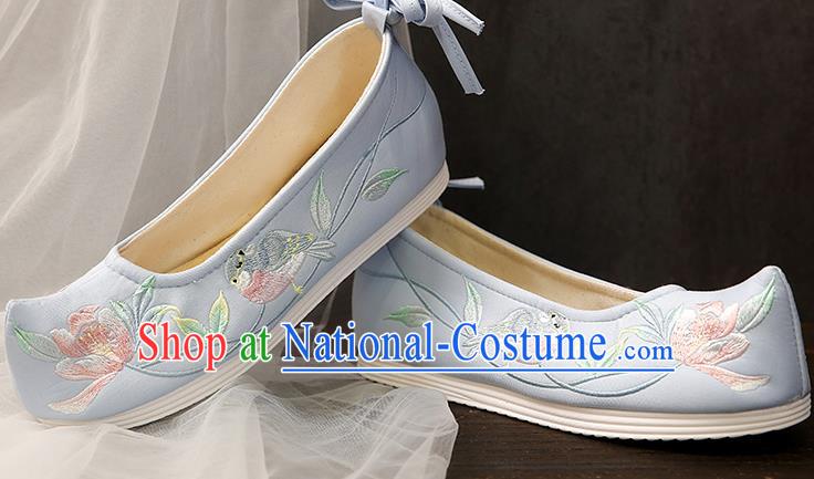 China Ancient Hanfu Shoes Embroidery Flower Bird Blue Cloth Shoes Traditional Ming Dynasty Princess Shoes