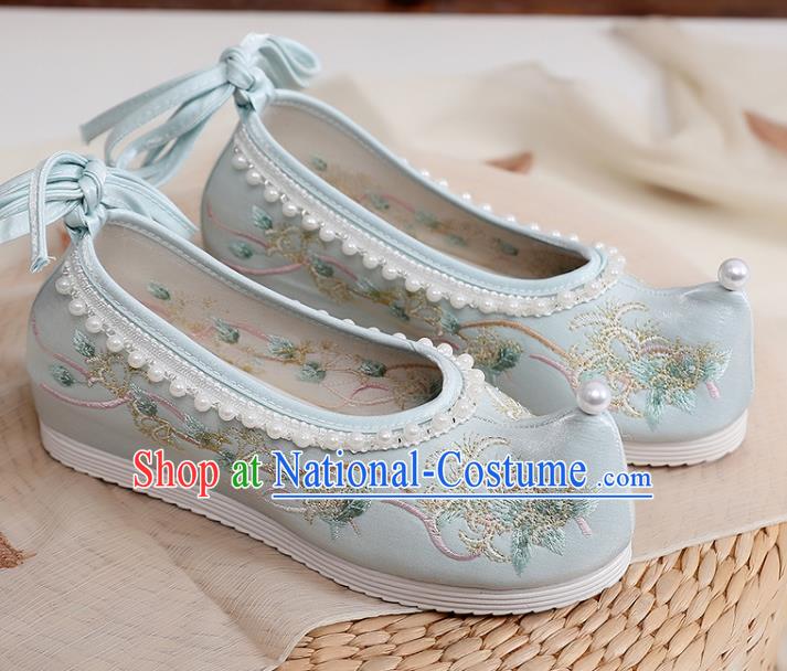 China Embroidery Pearls Shoes Traditional Song Dynasty Princess Blue Cloth Shoes Ancient Hanfu Shoes