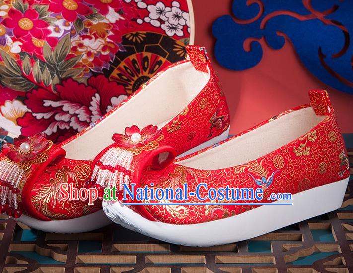 China Ancient Hanfu Shoes Handmade Red Brocade Shoes Traditional Ming Dynasty Wedding Shoes