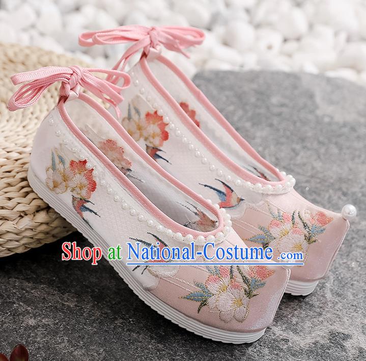 Chinese Traditional Folk Dance Pink Cloth Shoes Classical Embroidered Shoes National Woman Summer Shoes