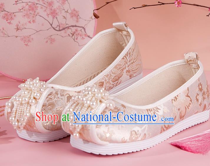 China Handmade Champagne Brocade Shoes Traditional Ming Dynasty Princess Pearls Tassel Shoes Ancient Hanfu Shoes