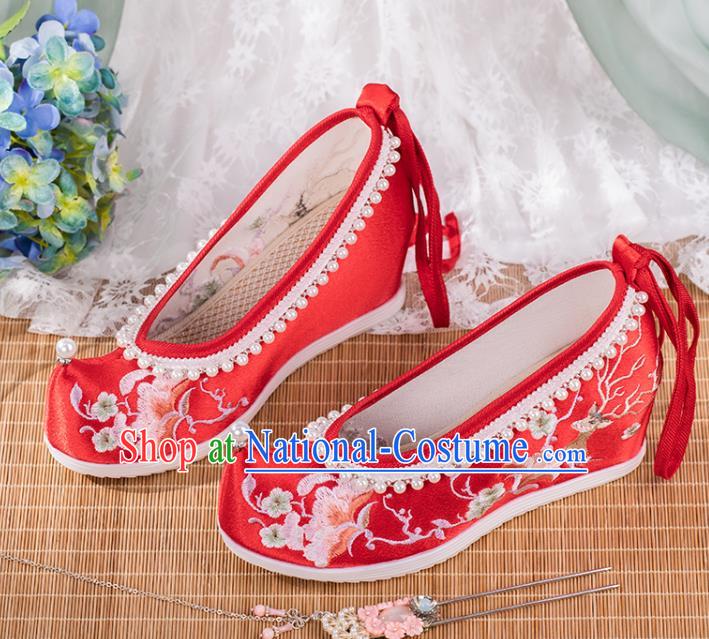 Chinese Classical Wedding Wedge Heel Shoes National Embroidered Red Satin Shoes Traditional Pearls Hanfu Shoes