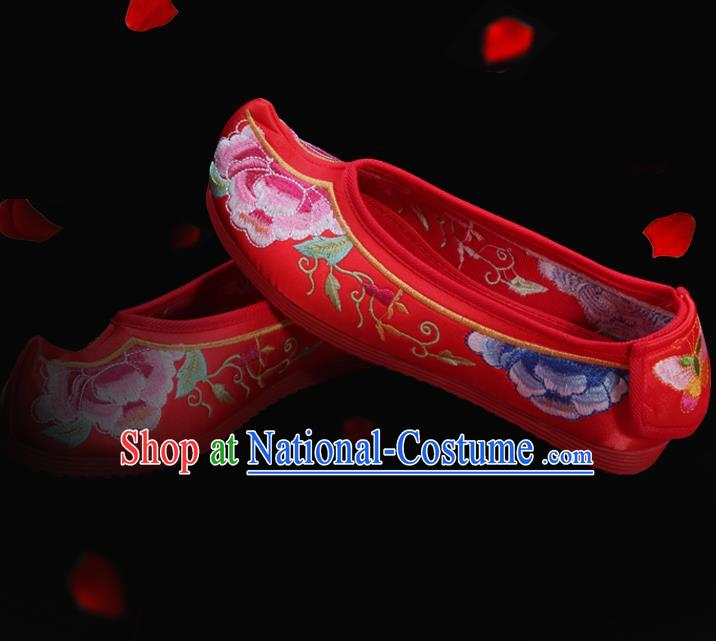 Chinese Traditional Wedding Bride Shoes National Red Cloth Shoes Classical Embroidered Peony Shoes