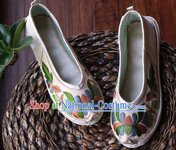 Chinese Hand Embroidered Apricot Satin Shoes Traditional National Shoes Yunnan Ethnic Dance Shoes