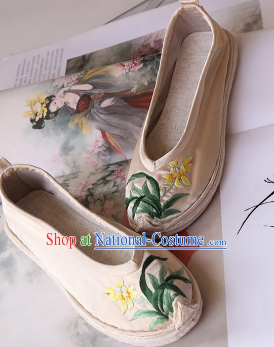 Chinese Yunnan Ethnic Beige Satin Shoes Hand Embroidered Orchids Shoes Traditional National Shoes