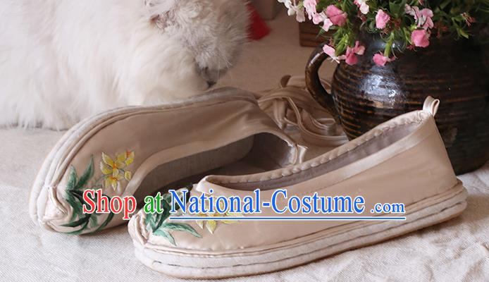 Chinese Yunnan Ethnic Beige Satin Shoes Hand Embroidered Orchids Shoes Traditional National Shoes