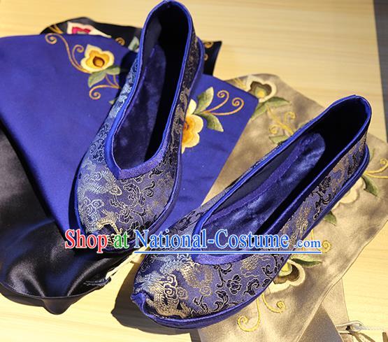 Chinese Handmade Royalblue Shoes Traditional Yunnan Ethnic Wedding Shoes Classical Dragon Pattern Brocade Shoes